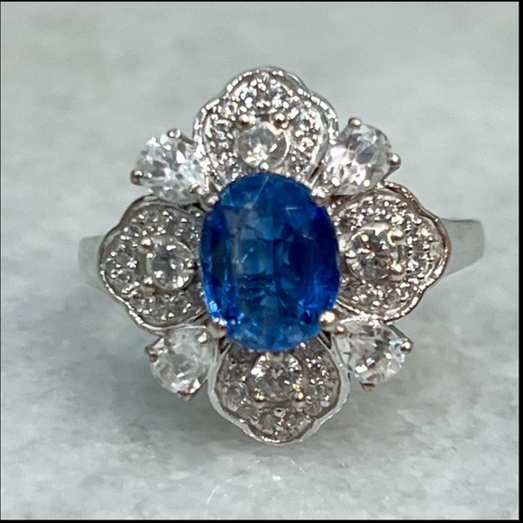 Kashmir Kyanite White Zircon Sterling Silver Floral Ring Sz 9